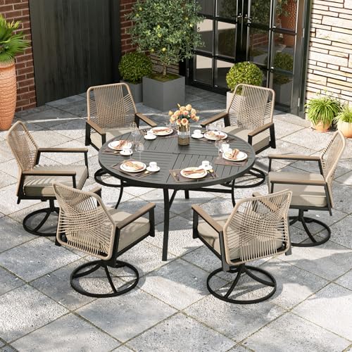 Image of MIXPATIO 7 Pieces Outdoor Patio Dining Set, Wicker Patio Table and Chairs Set of 6, Swivel Wicker Chairs with 3.2 inch Cushion and 54 inch Round Table for Yard, Porch, Beige