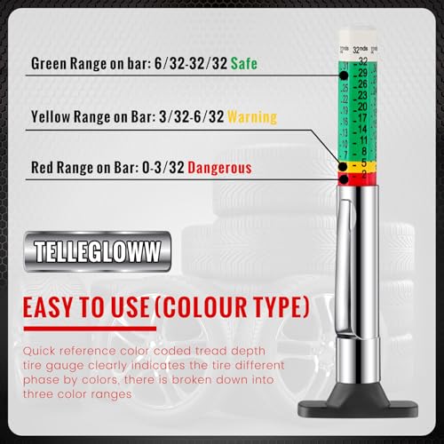 Image of Tellegloww 50 Pcs Tire Tread Depth Gauge Color Coded Tyre Depth Gauge Tool Tread Accurate Measure Tools Metric Gauges for Car Trucks Various Vehicle (White and Green)