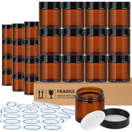 Qeirudu 4 Oz Small Amber Glass Jars with Black Lids, 24 Pack Empty Glass Cosmetic Jars with Inner Liners and Labels for Storing Lotions, Ointments, Creams, Candles