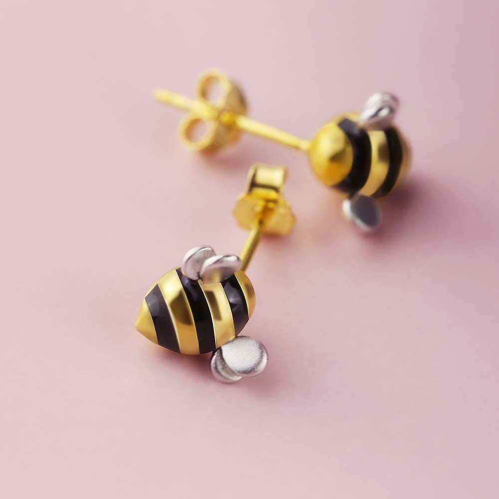 Chic Tiny Bee S925 Sterling Silver Stud Earrings for Women Fashion Cute Dainty Animal Cartilage Piercing Post Studs Hypoallergenic Sensitive Ears Jewelry Gifts for Her Daughter Bff Birthday Xmas