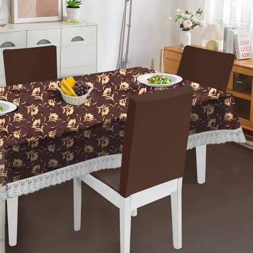 Image of The Furnishing Tree Waterproof PVC Rectangle Shaped 8 Seater Table Cover WxL 60x108 inches Floral Pattern Coffee Brown with White Border lace