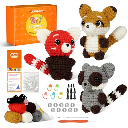LUWAZCY Crochet Kit for Beginners - 3 PCS Christmas Crochet Kit with Step-by-Step Video Tutorials, Beginner Crochet Kit for Adults Kids Crochet Lovers (Adults+Raccoon+Fox)