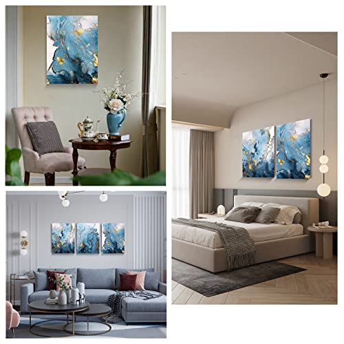 SERIMINO Blue Abstract Canvas Wall Art for Living Room, Navy and Gold Fluid Marble Wall Decor for Bedroom, Bathroom, Office, Home Decor, Set of 3 Print Painting, 16"X24"