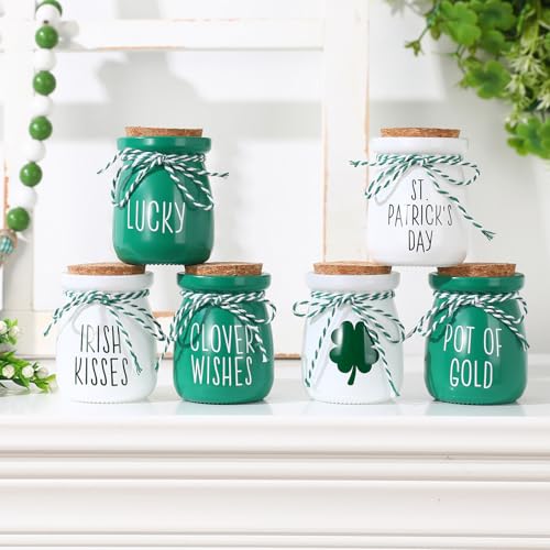 St-Patricks-Day-Decorations-6PCS-Mini-Glass-Jars-Farmhouse-St-Patricks-Day-Decor-for-Home-Kitchen-Table-Fireplace-Mantel St Patricks Day Decorations 6PCS Mini Glass Jars Farmhouse St Patricks Day Decor for Home Kitchen Table Fireplace Mantel