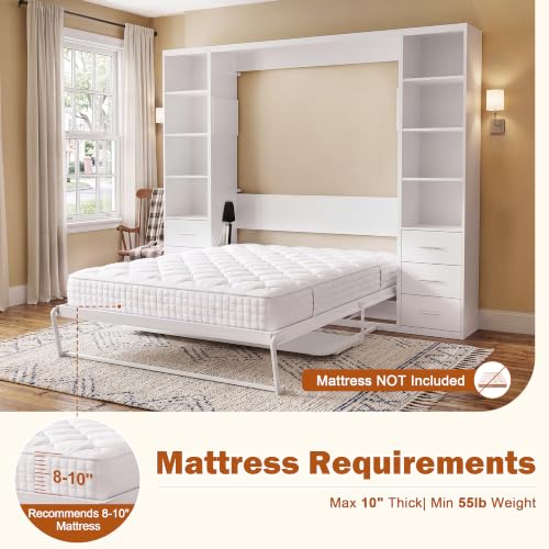 Queen Murphy Bed with Desk & 2 Bookcase, Space-Saving Wall Bed, White
