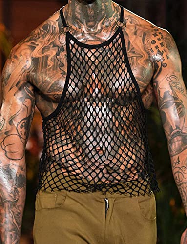 SEAUR - Camiseta masculina sexy arrastão de malha transparente com ajuste muscular camiseta vazada r