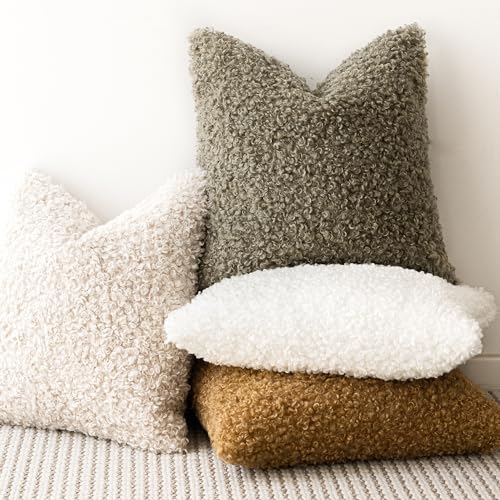 Image of Foindtower Set of 2 Curly Teddy Wool Pillow Covers Decorative Boucle Textured Lumbar Throw Pillow Faux Fur Pillowcases Sheepskin Cushion Case for Sofa Bedroom Car 12 inchx20 inch Sage Green