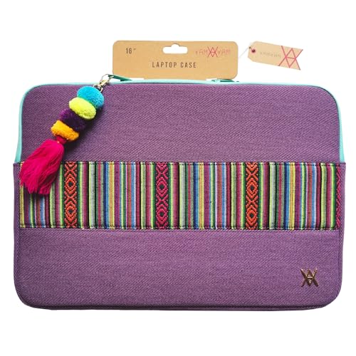 WONDEE Maletín Funda Portátil 15,6/16 Pulgadas Diseño de Tela Bordada Estilo Étnico y Original Tirador - Funda para Ordenador Portátil Macbook Pro 16 Pulgadas Acolchada y Reforzada con Cremallera
