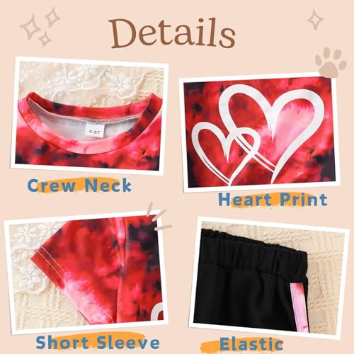 Image of Kids Girl Clothes Tie Dye Heart Print Short Sleeve Top and Shorts Toddler Girl Summer Outfits Short Set