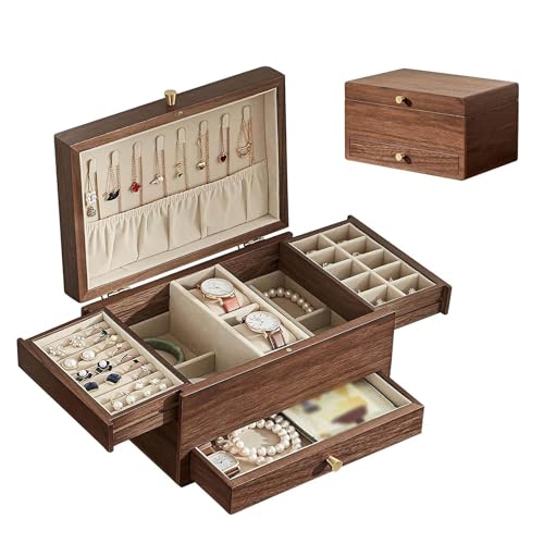 Joyero para mujer, organizador multifuncional de madera de nogal de 3 niveles con soporte para collares, diseño de doble puerta, 7 zonas de almacenamiento para anillos, aretes, relojes