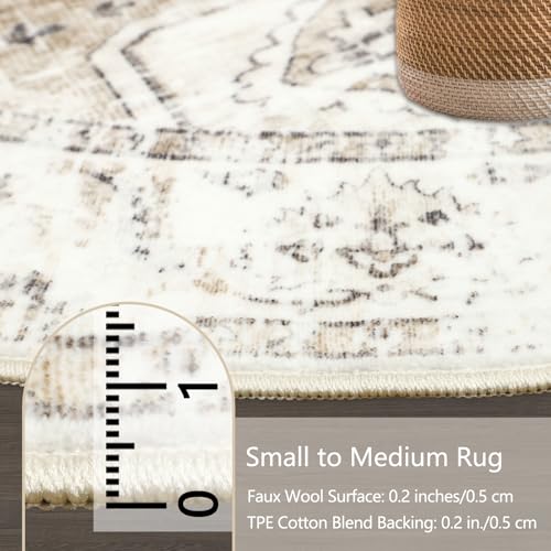 Homcomodar Vintage Round Rugs 120cm Beige Rug for Living Room Circle Area Rugs with Non Slip Backing Washable Rug for Bedroom Soft Printed Carpet for Living Room Kid’s Room Nursery - Image 3