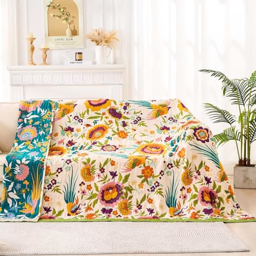 Image of XIBLC Boho Throw Blanket for Bed, 100% Cotton Soft Rustic Quilt Fall Blanket, 80 inch 90 inch Floral Printed Farmhouse Decor Bed Blankets, All Season Rustic Reversible Bohemian Throw Quilt