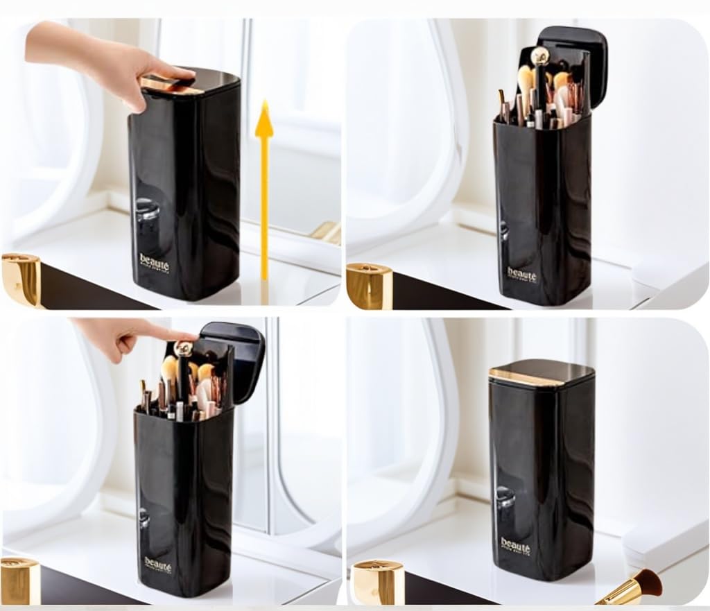 Organizador portátil de brochas de maquillaje de un solo toque con tapa, diseño abierto de 4 compartimentos, impermeable y a prueba de polvo, caja de almacenamiento de cosméticos para tocador de baño