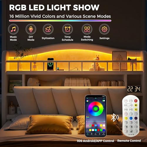 Image of Full Size LED Bed Frame with Storage Headboard, Upholstered Velvet Wood Princess Bed for Girls with 5 Charging Ports (USB-C & AC), Hidden Compartment, Sturdy Aluminum Frame & 2 Silent Drawers Beige