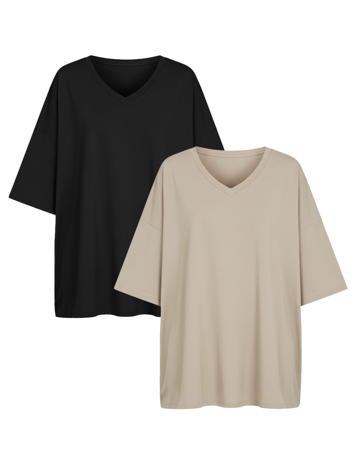 Ebifin 2er Pack Damen Oversize T Shirt mit V-Ausschnitt Kurzärmeliges Casual Lockere Basic Sommer Tee Shirts Bluse