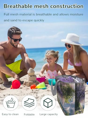 Beach Bags Women Mesh Tote Bag Boat Lotus Flower Tree Lake Toy Grocery Pool Bag with Pockets for Travel/Picnic/Shower2