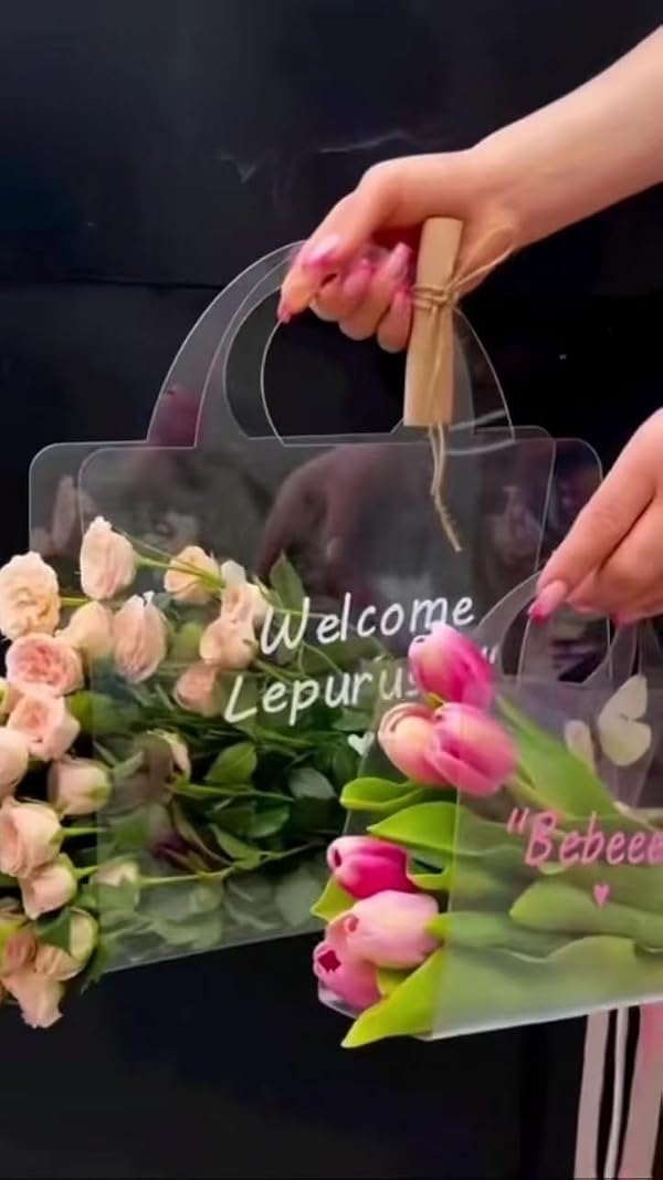 Clear Flower Bags with Handles for Bouquets Florist Shop Packaging Supplies 10 Pcs Valentine's Day 13.7 * 9.8 * 4.7 inches (B) - Image 6