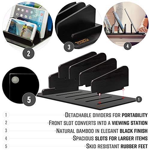 Prosumer's Choice Natural Bamboo Charging Station Rack - 7.6" D x 12.6" W x 7.5" H - Valet Dock Organizer for Smartphones and Tablets – Black
