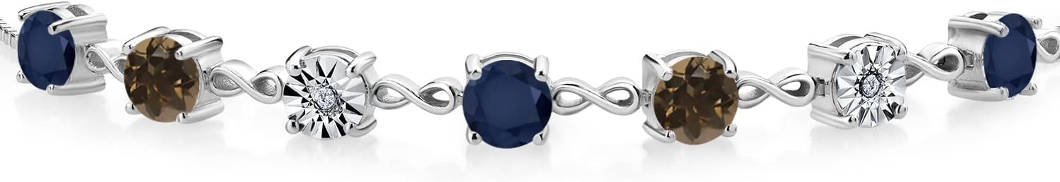 Gem Stone King 925 Sterling Silver Round Blue Sapphire Brown Smoky Quartz and Lab Grown Diamond Tennis Bracelet For Women | 2.81 Cttw | Fully Adjustable Up to 9 Inch