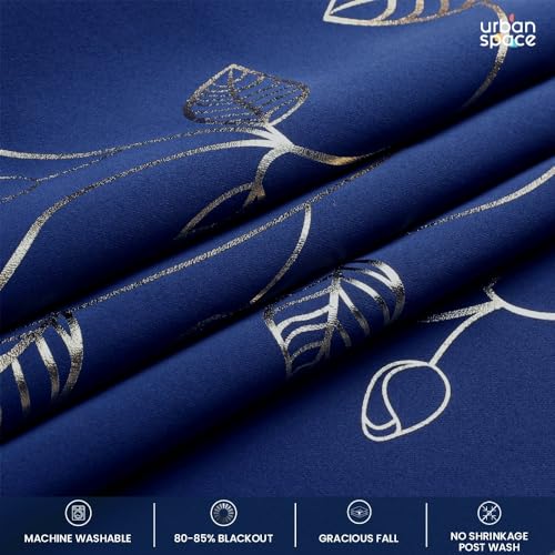 Image of Urban Space 80-85% True Blackout Curtains for Door, Gold Foil Printed Blackout Curtains, Blackout Decorative Door Curtain Eyelet with Tieback, 1 Piece Curtain for Living Room(Leaf Navy Blue, 8 Feet)