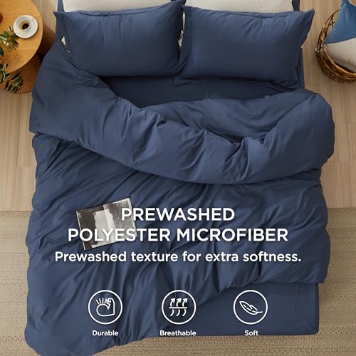 Image of Bedsure Duvet Cover King Size with Fitted Sheet - 4 Pieces Prewashed Polyester Soft Bedding Set, Includes 1 Duvet Cover 104x90 Inches with Zipper Closure, 2 Pillow Shams, 1 Fitted Sheet, Navy Blue
