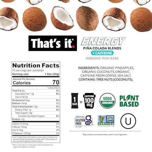 Image of That's it. Pina Colada Energy Mini Bars | 100mg Natural Caffeine |Pineapple Coconut| Allergy-Friendly, Organic, Non-GMO, Gluten-Free Snacks | 15 Count