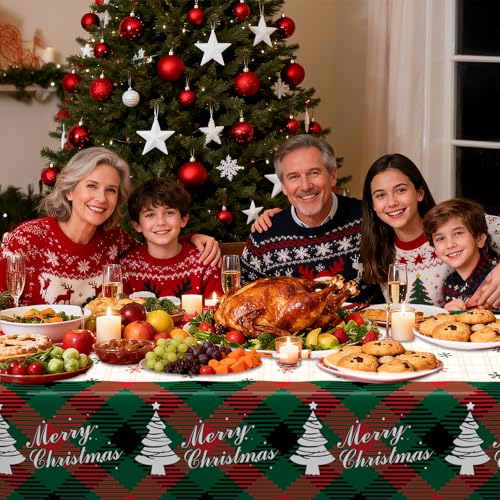 Image of Christmas Tablecloth, 6 PCS Christmas Tablecloth Disposable for Rectangle Table, 54 inch x 108 inch Plastic Snowflake Xmas Tree Decorative Table Cloth Tables Cover for Xmas Holiday Party Decorations Supplies
