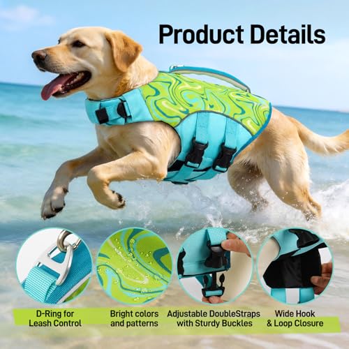 Image of BRKURLEG Dog Life Jacket, Dog Life Vest for Swimming & Boating with High Buoyancy & Rescue Handle for Small Medium Large Dogs, Adjustable Reflective Swimming Safety Vest, Green L