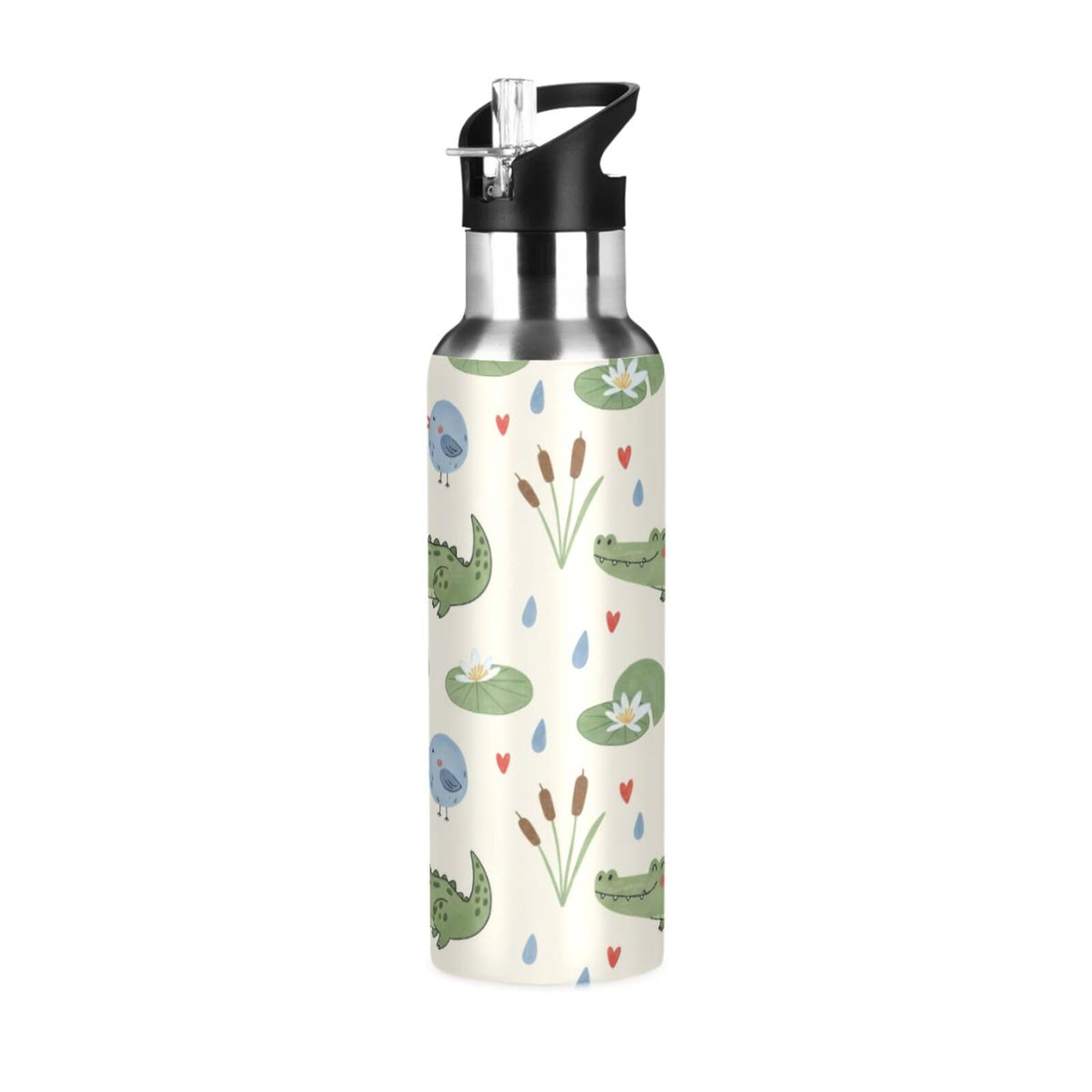 BOESI Swamp Crocodile Pattern Insulated Water Bottle 600ml, Stainless Steel Vacuum Sports Bottle with Straw, Leak Proof Thermal Bottle for Gym Travel Outdoor