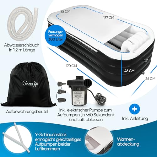 TIMELAX® Badewanne Aufblasbar XL [Ergonomische Rückenlehne] 0,5mm starkes PVC | BPA Frei Aufblasbare Faltbare Mobile Freistehende Badewanne für Erwachsene und Dusche