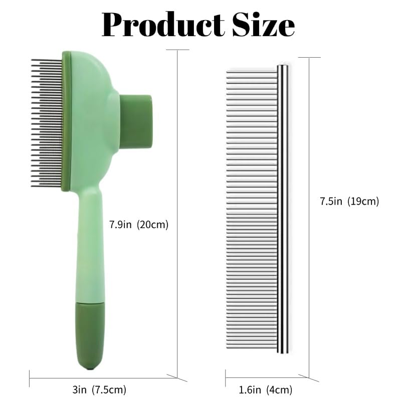 Pet Grooming Brush and Comb Set, Self-Cleaning one-key Button, Dual-Density Teeth Stainless Steel Comb for Cats and Dogs, Green