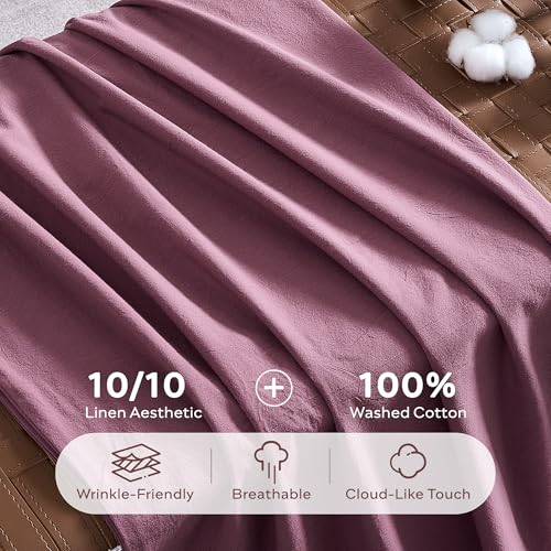 Image of JELLYMONI 100% Washed Cotton Duvet Cover King - Soft, Breathable Linen-Look Bedding with Natural Wrinkle Texture, Button Closure, 3-Piece Set (Deep Rose, 104 inchx90 inch)