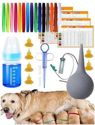 PawsVel Whelping Kit for Puppies Birth: Puppy Kitten Birthing Kit with Newborn Puppy Essentials Feeding Bottle and Nipple ID Collars Aspirator & Whelping Other Supplies