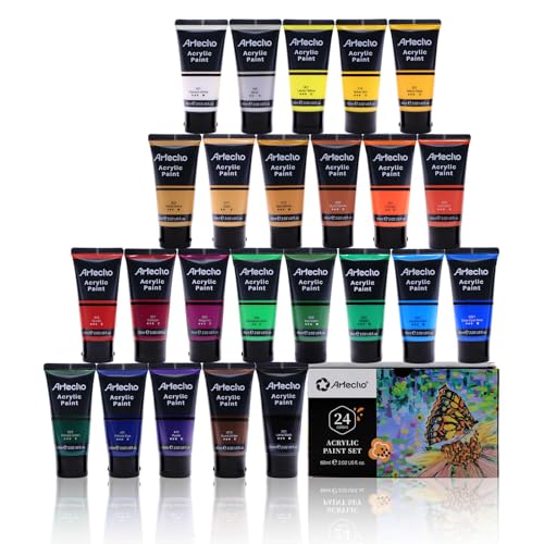 Artecho Professional Acrylic Paint Set, 24 Basic Colors Tubes (60ml / 2.02oz)