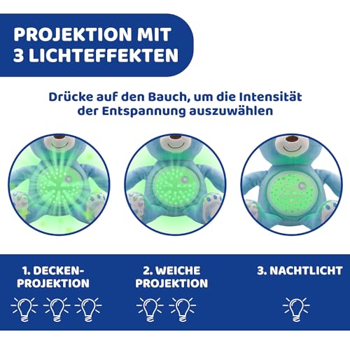Chicco Kuscheltier Bär, Baby Spielzeug ab Geburt, Teddybär Plüsch, weicher Projektor mit Nachtlicht, Lichteffekten und entspannenden Melodien, Kinderspielzeug 0+ Monate, Hellblau, Kindertag Geschenk