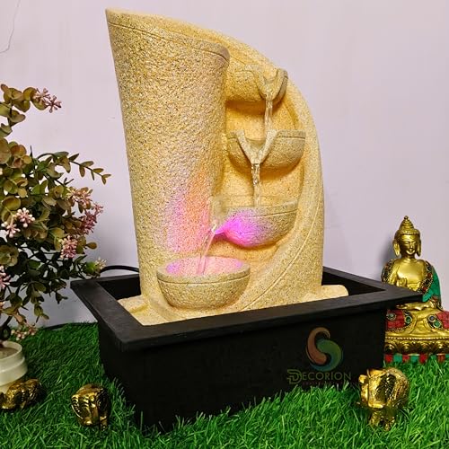 Image of Decorative Table Top Water Fountain for Home Decor /Office /Indoor & Outdoor /Garden /Puja Room /Vaastu with Multicolor LED Light and Adjustable Water Pump (Yellow-D-016)