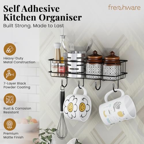 Image of Frenchware Self Adhesive Kitchen Shelf Organiser, Drill-Free Wall Rack | with Magic Stickers & 4 Hooks, Rust-Proof Storage Shelf for Bathroom, Black