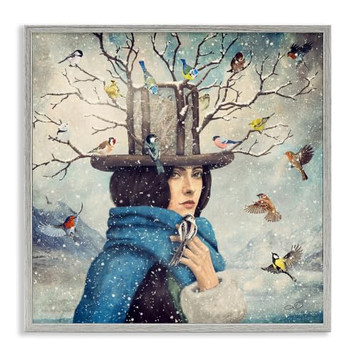Birds Flocking Winter Snow Scene, 17 x 17 Inch Framed Giclée Print