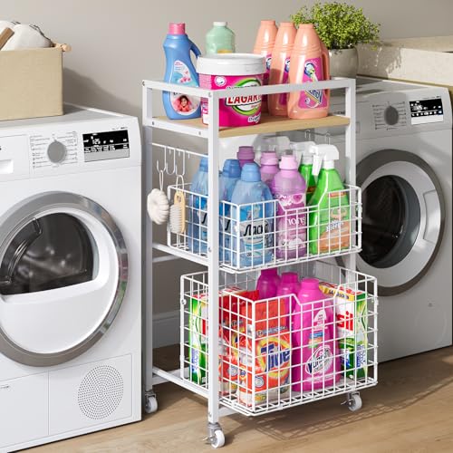 Huxitocan 3 Tier Laundry Room Cart with Pull-Out Baskets, Utility