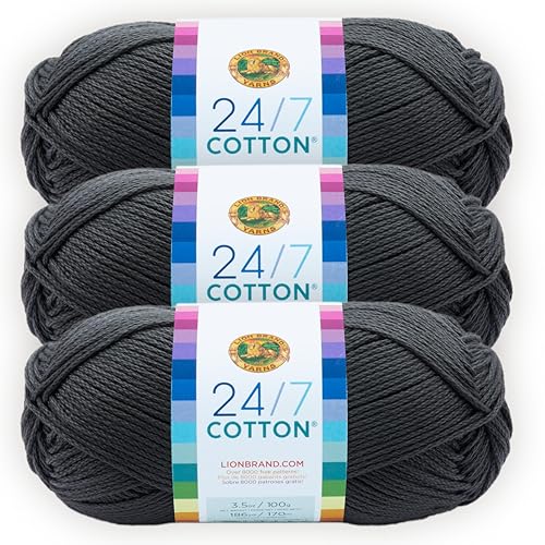 Image of Lion Brand Yarn, 24 /7 Cotton Yarn, Charcoal, Gray, 3 Pack | Light Worsted 100% Mercerized Cotton Yarn for Crochet, Knitting, Craft, 185 Yards of Natural Fiber for Tees, Bags, Dishcloths
