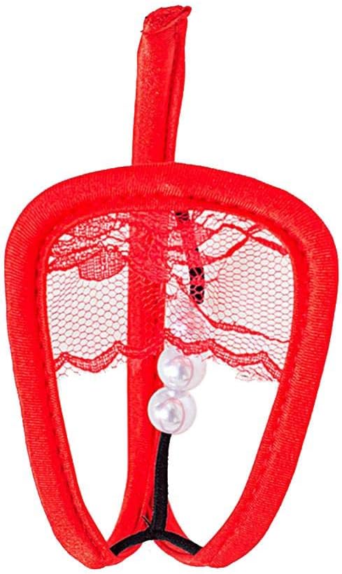 UJEAVETTE Women Sexy Sheer Lace Pearls C String Thong Invisible Underwear Panties Red