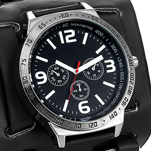 Avaner Mens Retro Steampunk Rock Black Wide Leather Bracelet Cuff Watches Big Face Round Dial Analog Quartz Sport Watch [Upgraded] Japanese Quartz Movement Watch (Black-2)