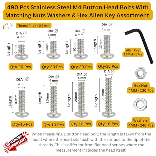 Image of Epi-Torque Stainless Steel 202 Grade Button Head Allen Key Bolt M4 Assortment with Matching Nuts, Washer & Allen Key Pack of 490 Pcs