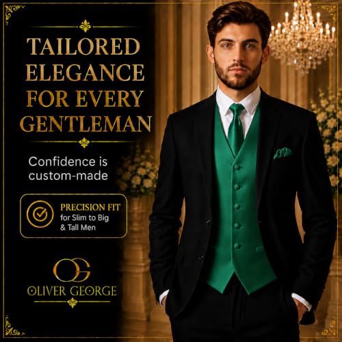 Image of Oliver George 4pc Men's Solid Formal Suit Waistcoat Tuxedo Dress Vest Necktie Bowtie Handkerchief Set for Suit or Tuxedo