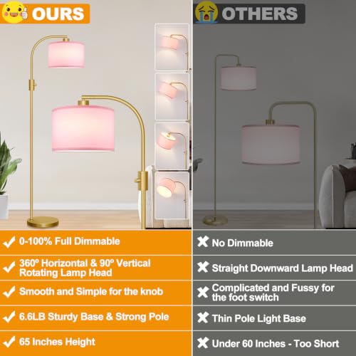 Image of Nintiue Dimmable Floor Lamp, 1200 Lumens LED Edison Bulb Included, Arc Gold Floor Lamps for Living Room Modern Standing Lamp with Pink Linen Shade
