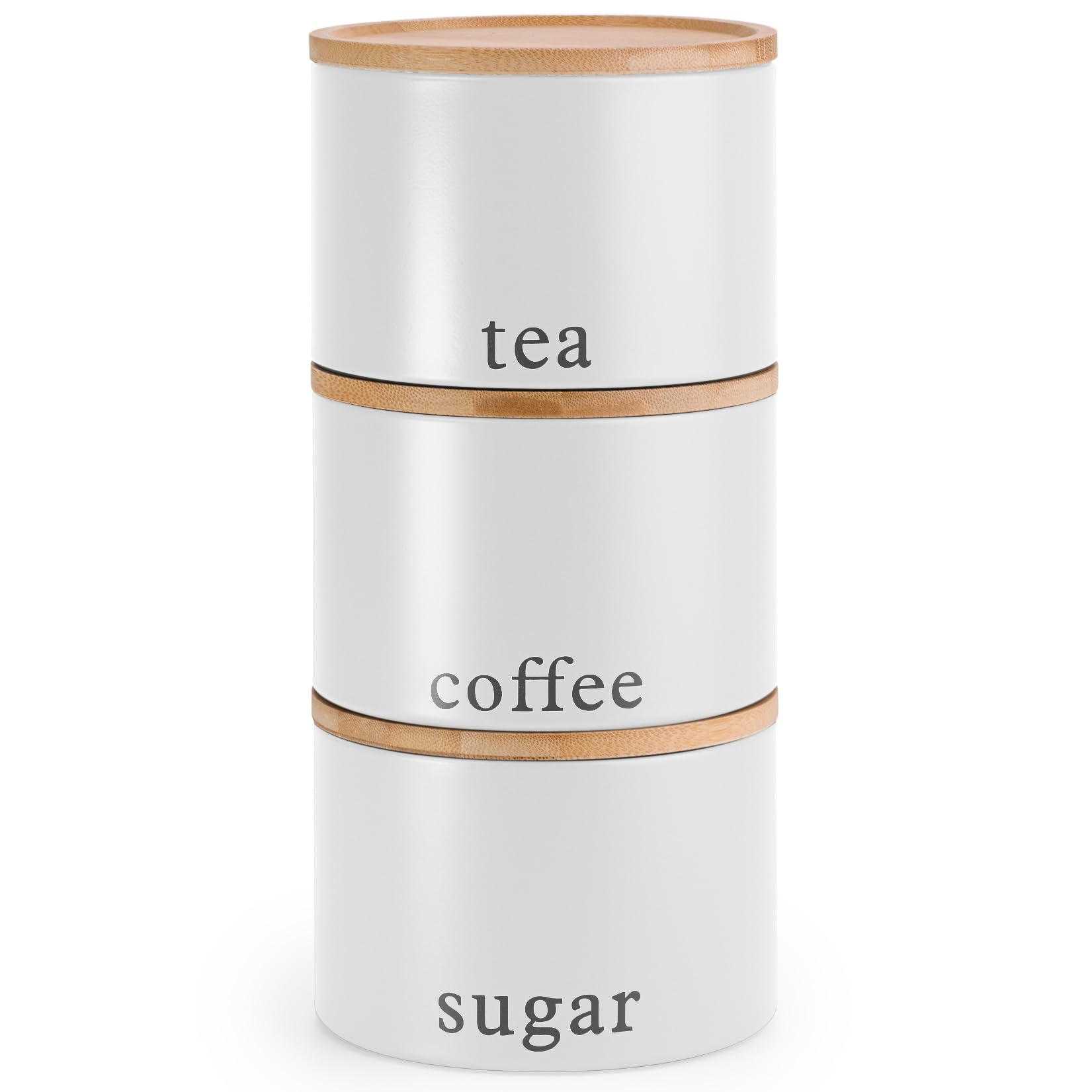 EHC Tea, Coffee, Sugar, Canister Set, Set of 3 Stackable Airtight Food Storage Easy to Open Storage Canisters Jars Tin, White