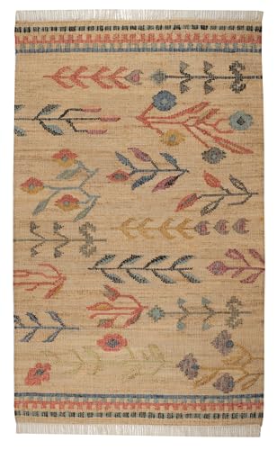Dash & Albert Folk Floral Natural Handwoven Jute Rug, 5 X 8 Feet, Multicolored Floral & Paisley Pattern - Premium Luxury Hotel Quality Soft Breathable Hypoallergenic Machine Washable Easy Care All