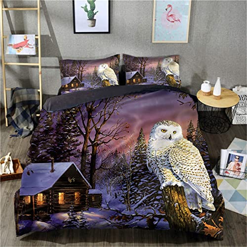 Parure de lit imprimée en 3D avec Housse de Couette Chouette 3 pièces Literie Confortable et élégante Toutes Saisons (Taille Double 200x200cm, 1 Housse de Couette