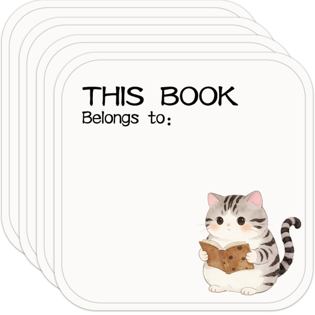 PRESSINART 60pcs Book Plates Sticker 2 x 2 Inch Cat Name Labels This Book Belongs to Stickers Cute Cat Pattern PVC Paper Self Adhesive Organization Bookplates Labels For Scrapbooking Library Supplies