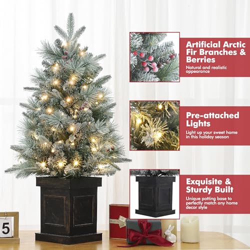 GarveeHome 3ft Small Christmas Tree 2 Set Pre-Lit Artificial Christmas Tree with 78 Led Lights, Snow Flocked Xmas Tree with Brown Base, Timer Function, Battery Operated, for Home Christmas Decor